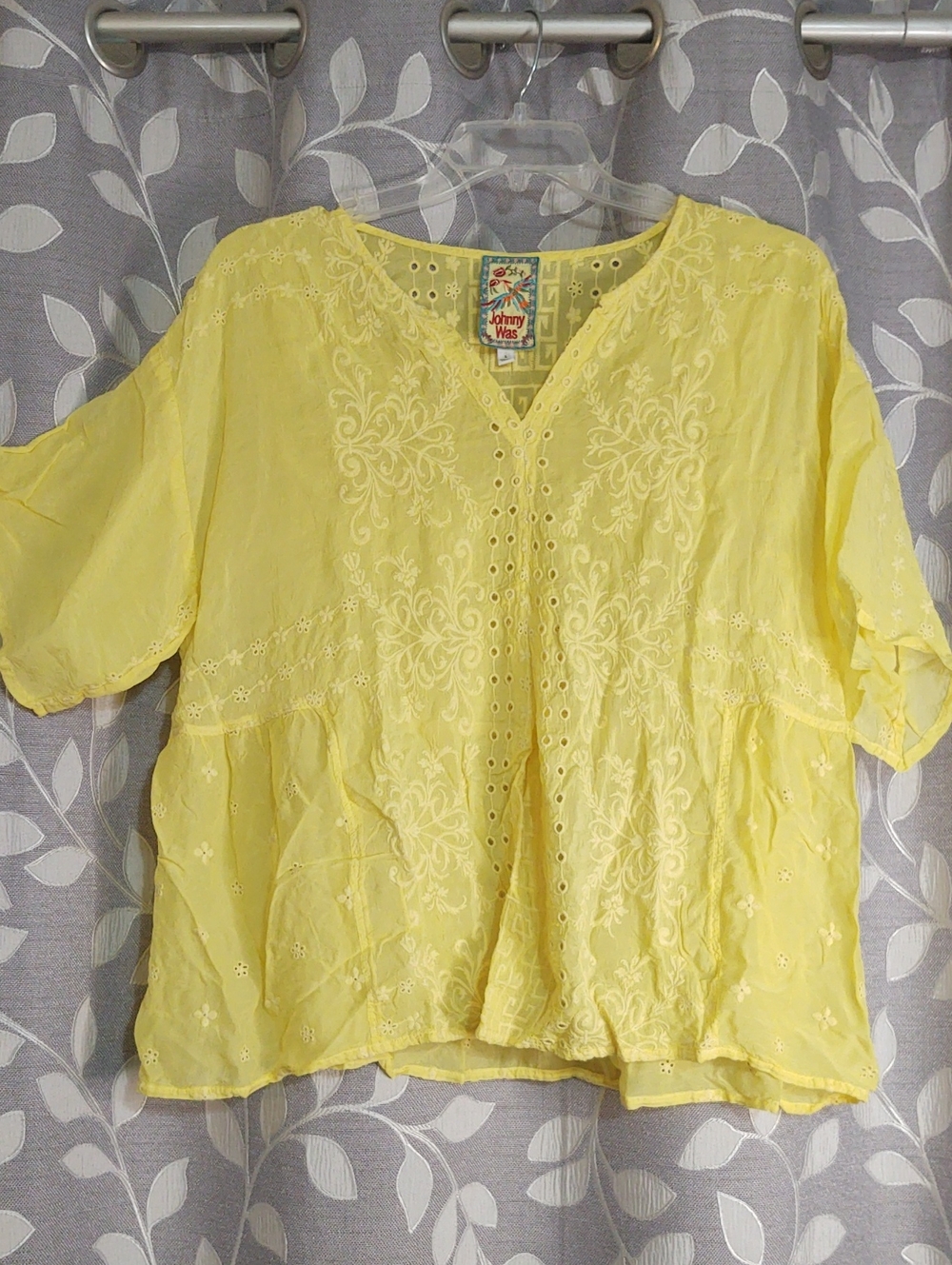 Johnny Was Lemon Yellow Embroidered V-Neck Tunic Top size L